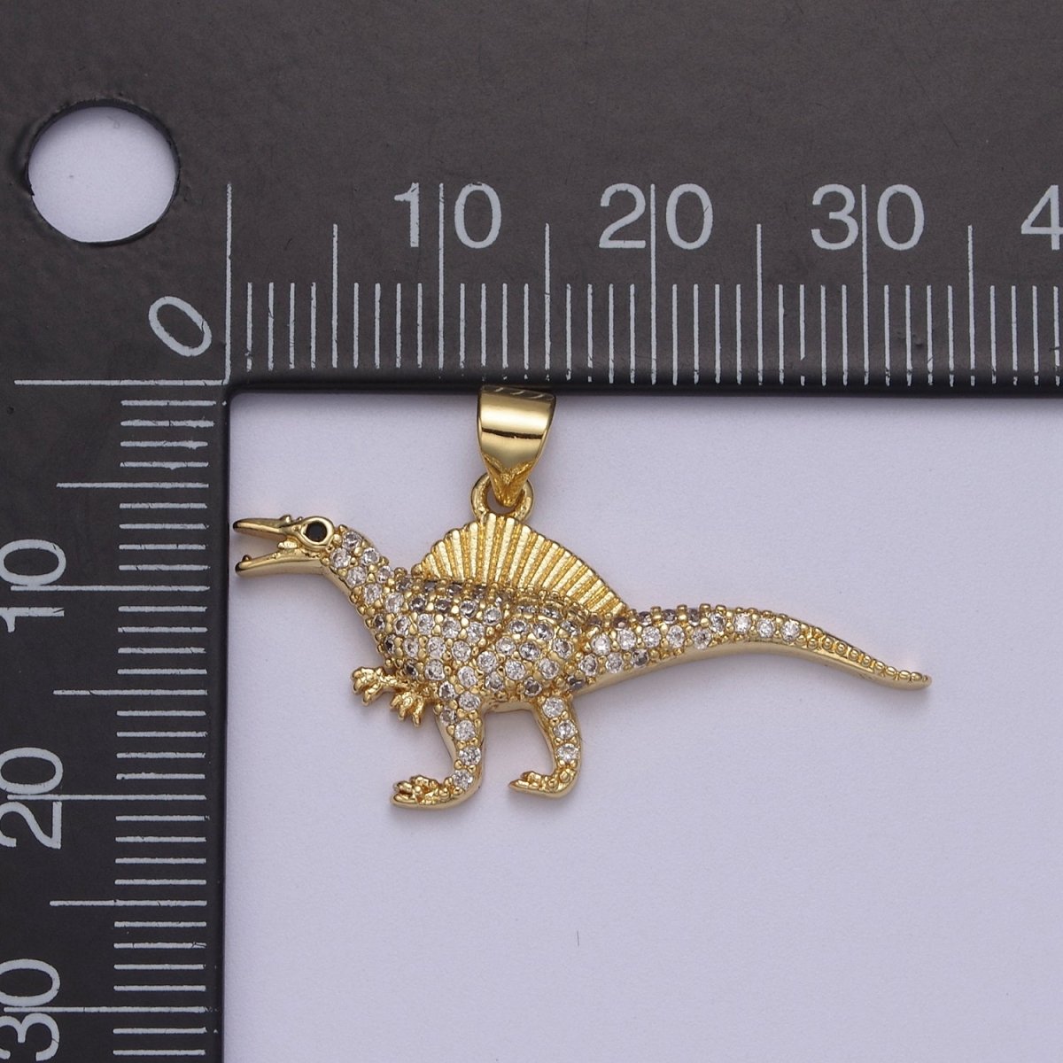 Dinosaur Pendants in Gold, Spinosaurus Charm Dino Jewelry in Clear Cubic Zirconia J-334 - DLUXCA