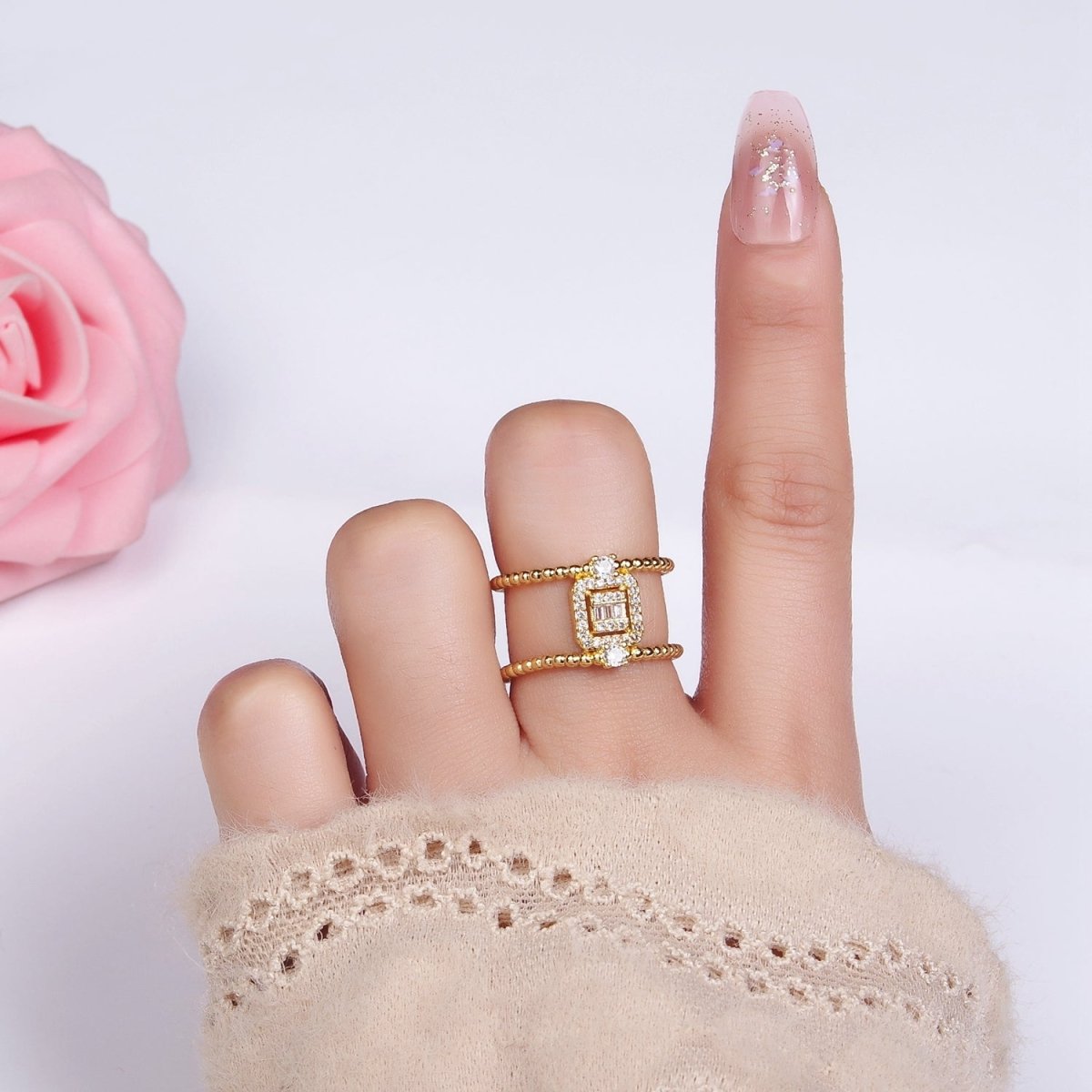 DLUXCA 14K Gold Filled CZ Baguette Micro Paved Beaded Bubble Double Band Ring | O1318 - DLUXCA