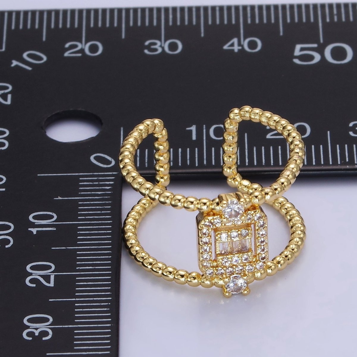 DLUXCA 14K Gold Filled CZ Baguette Micro Paved Beaded Bubble Double Band Ring | O1318 - DLUXCA