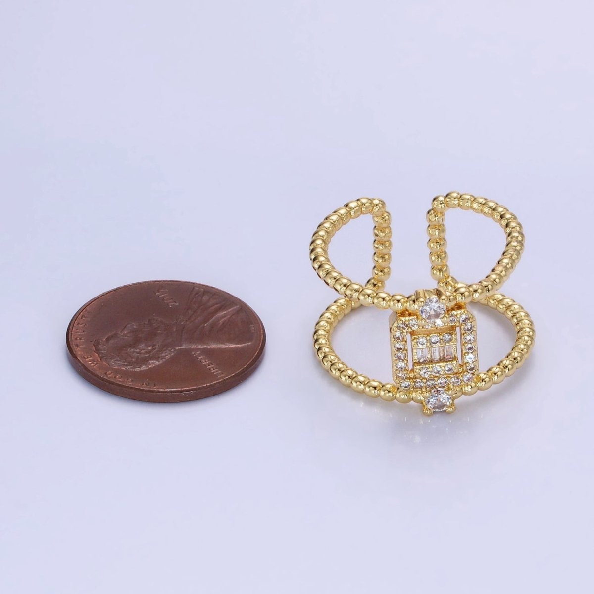 DLUXCA 14K Gold Filled CZ Baguette Micro Paved Beaded Bubble Double Band Ring | O1318 - DLUXCA