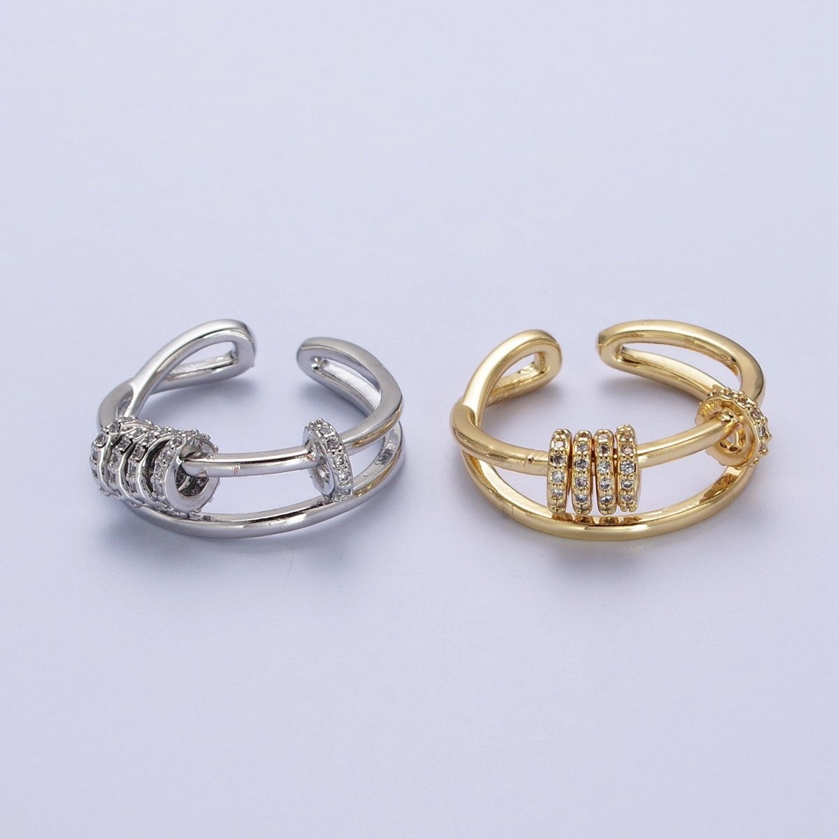 Double Band Articulated Micro Paved CZ Spacer Bead Ring in Gold & Silver | O251-O252