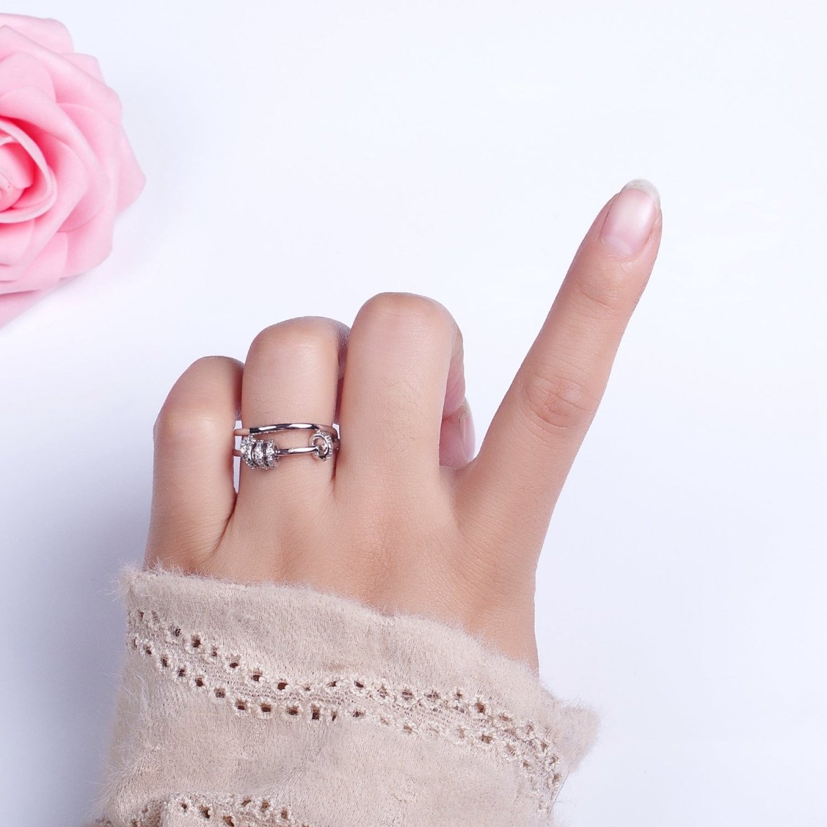 Double Band Articulated Micro Paved CZ Spacer Bead Ring in Gold & Silver | O251-O252