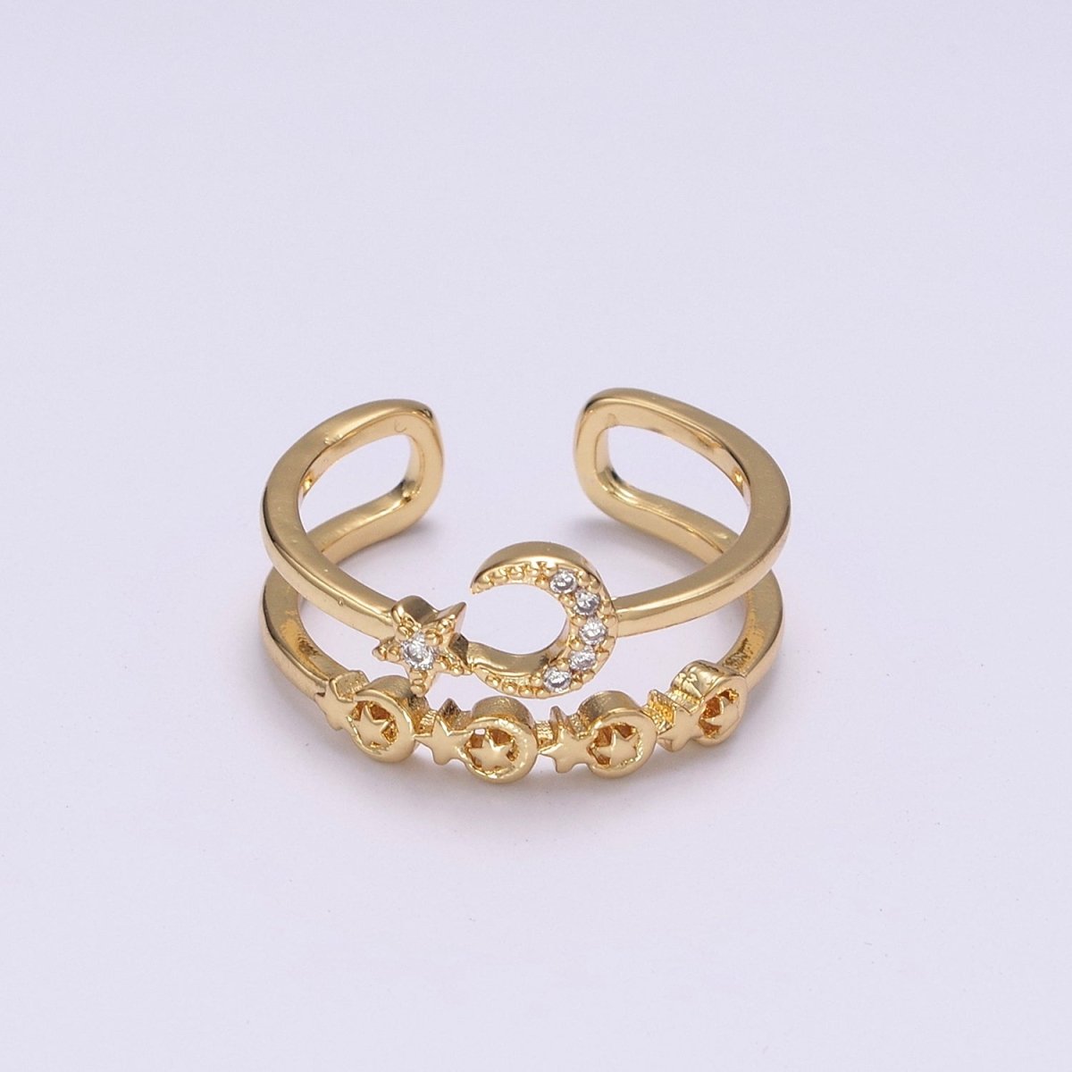Double Band Crescent Moon Star Ring for Stackable Jewelry Open Adjustable Ring U-211 - DLUXCA