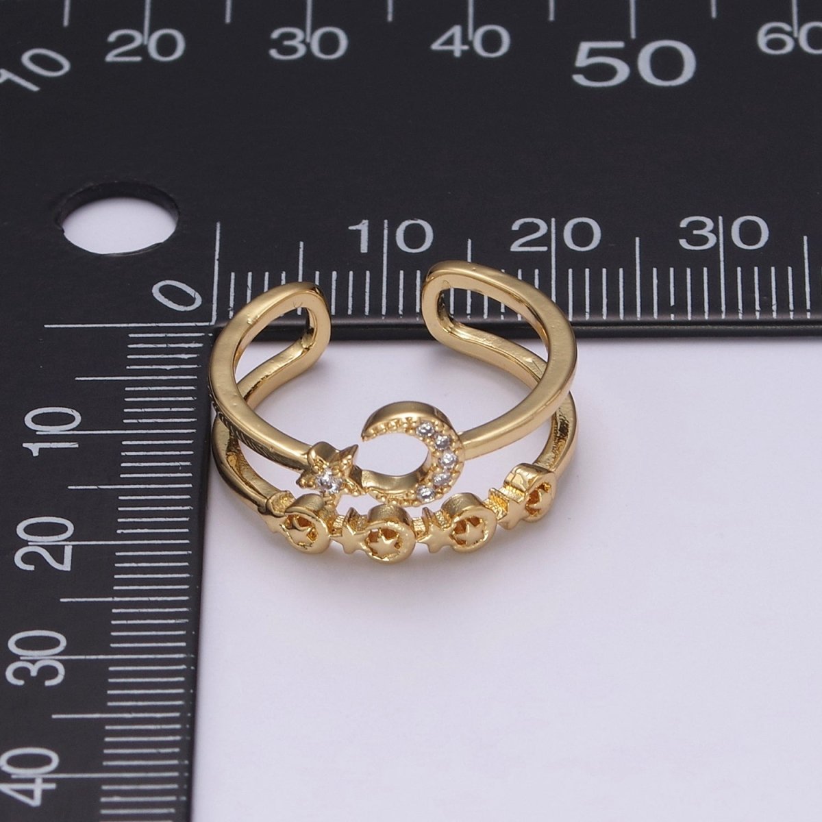 Double Band Crescent Moon Star Ring for Stackable Jewelry Open Adjustable Ring U-211 - DLUXCA