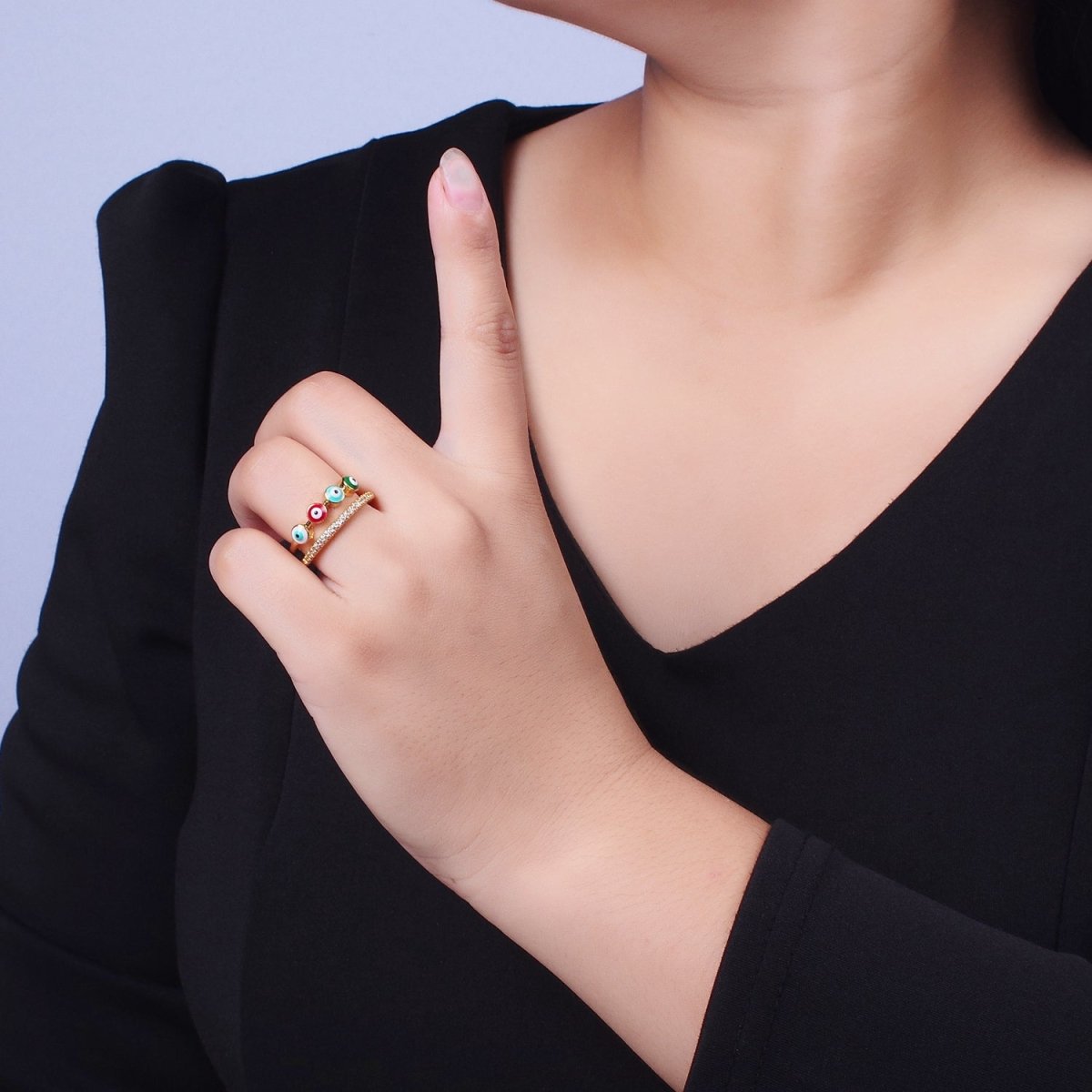 OS Double Band Evil Eye Multicolor Enamel Micro Paved CZ Gold Ring | O-127