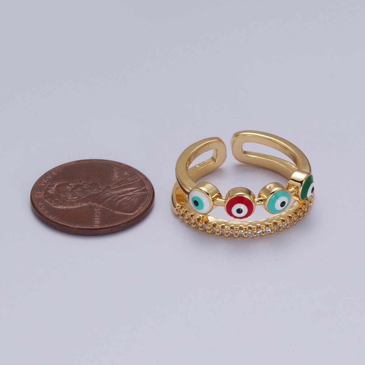 OS Double Band Evil Eye Multicolor Enamel Micro Paved CZ Gold Ring | O-127