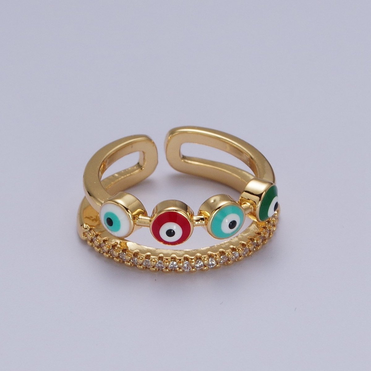 OS Double Band Evil Eye Multicolor Enamel Micro Paved CZ Gold Ring | O-127