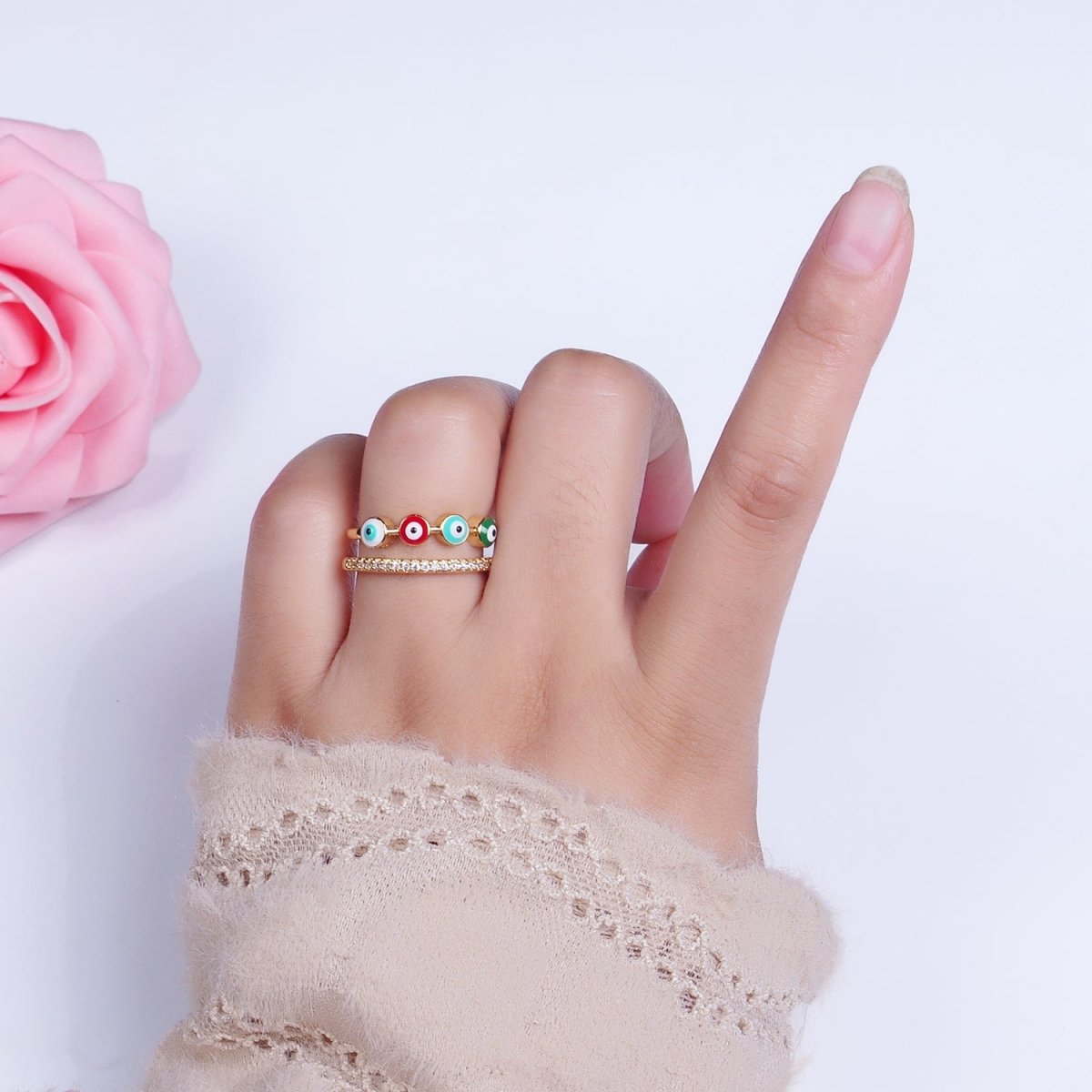 OS Double Band Evil Eye Multicolor Enamel Micro Paved CZ Gold Ring | O-127