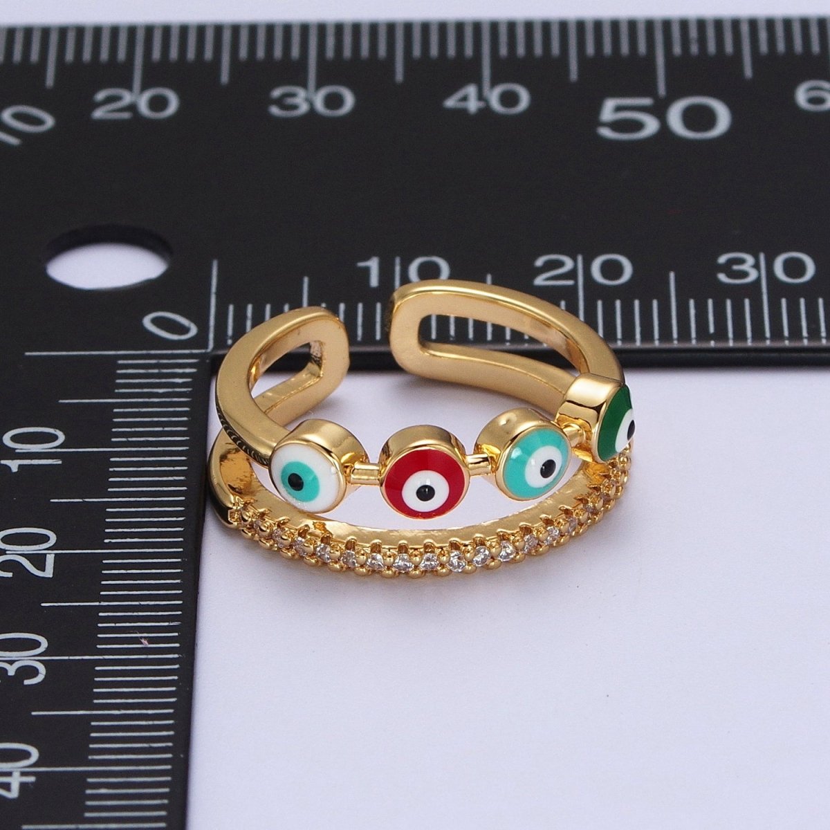 OS Double Band Evil Eye Multicolor Enamel Micro Paved CZ Gold Ring | O-127