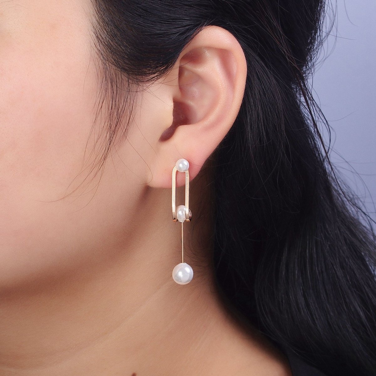 Double Band J-Shaped Geometric Pearl Dangle Earrings | AB285 - DLUXCA