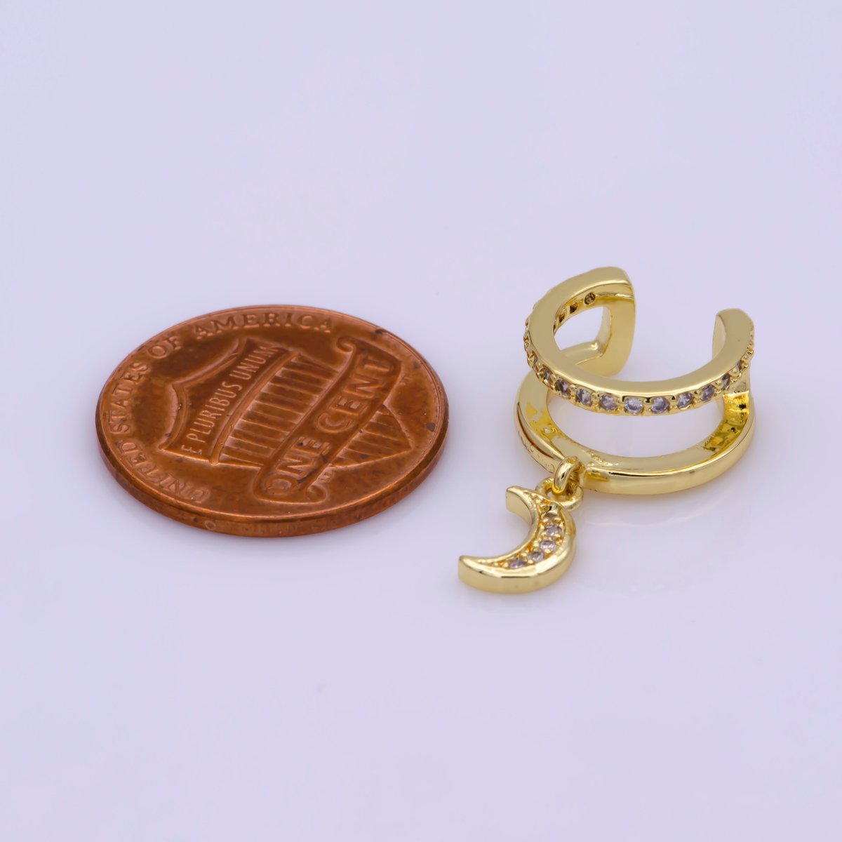 Double Band Micro Paved CZ Celestial Moon Dangle Charm Gold Filled Cartilage Ear Cuff Earrings | Leo-543 - DLUXCA