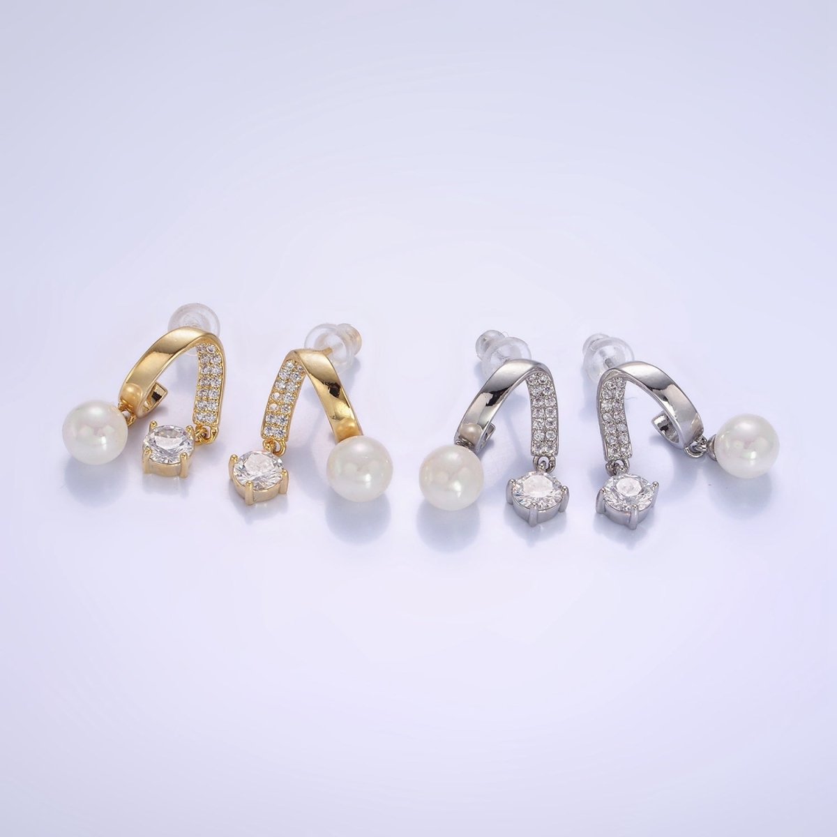 Double Band Micro Paved CZ Pearl Drop Stud Earrings in Gold & Silver | AE488 AE489