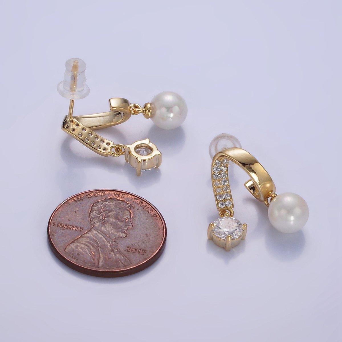 Double Band Micro Paved CZ Pearl Drop Stud Earrings in Gold & Silver | AE488 AE489
