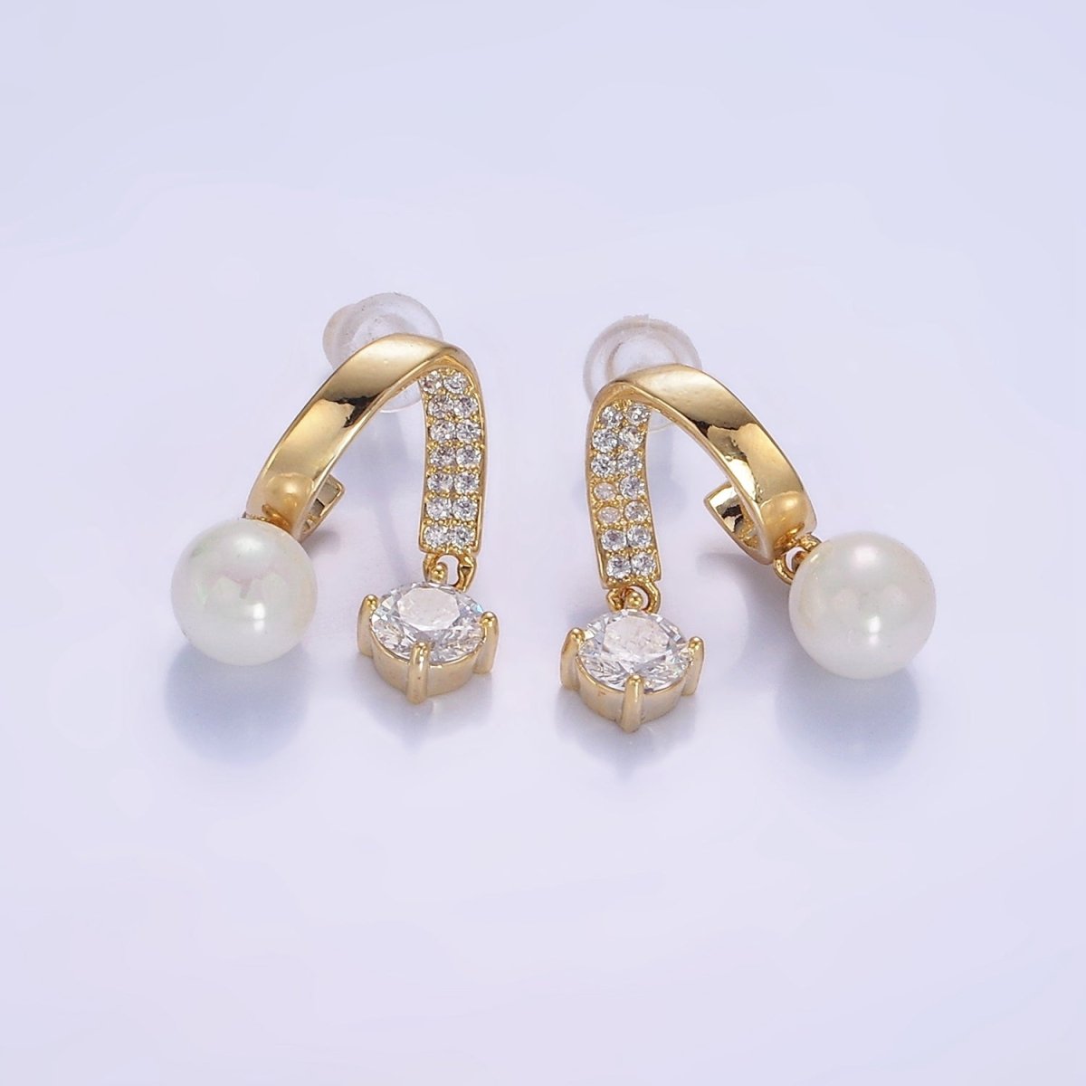 Double Band Micro Paved CZ Pearl Drop Stud Earrings in Gold & Silver | AE488 AE489