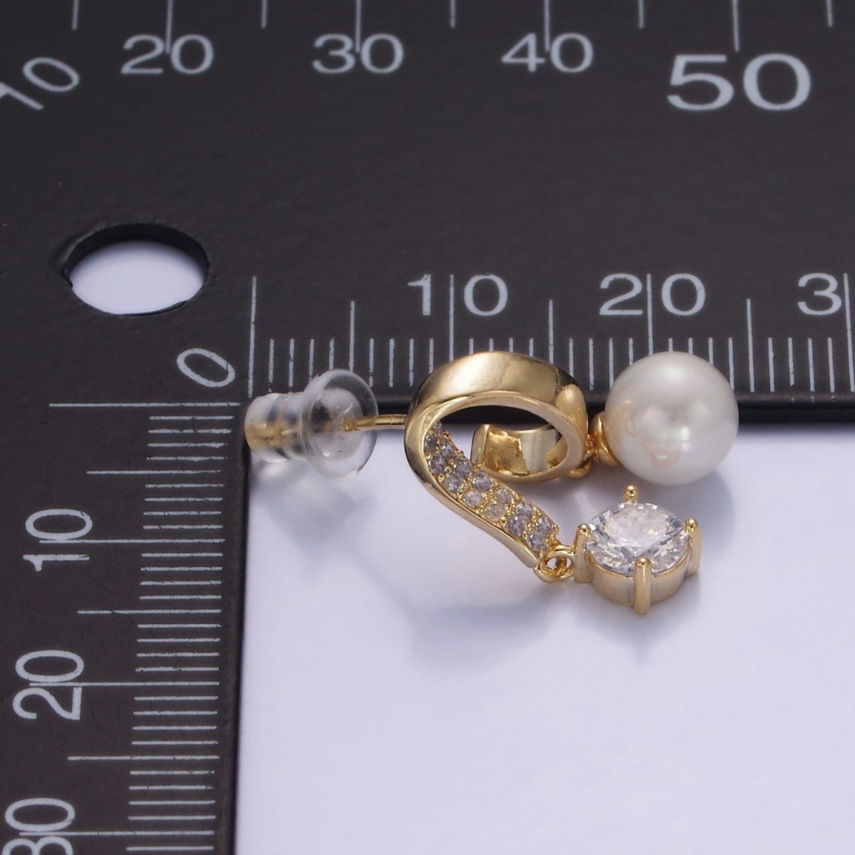 Double Band Micro Paved CZ Pearl Drop Stud Earrings in Gold & Silver | AE488 AE489