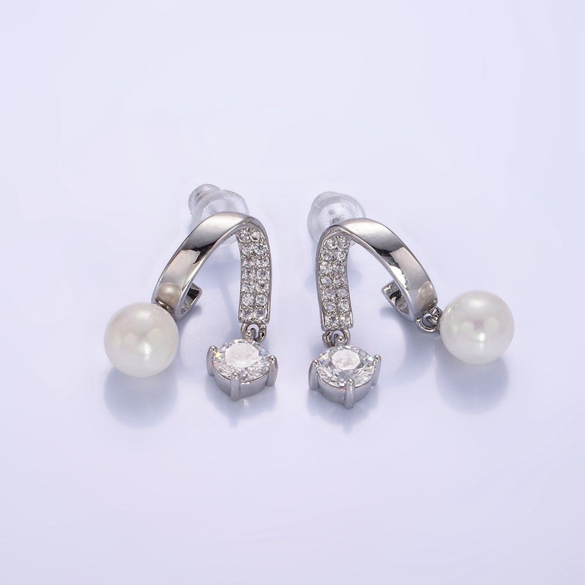Double Band Micro Paved CZ Pearl Drop Stud Earrings in Gold & Silver | AE488 AE489