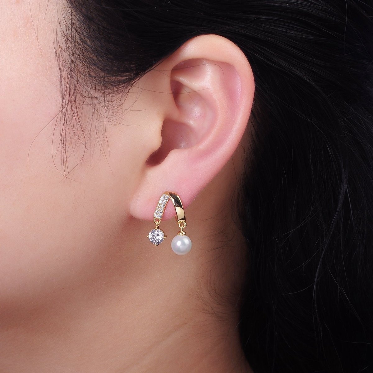 Double Band Micro Paved CZ Pearl Drop Stud Earrings in Gold & Silver | AE488 AE489