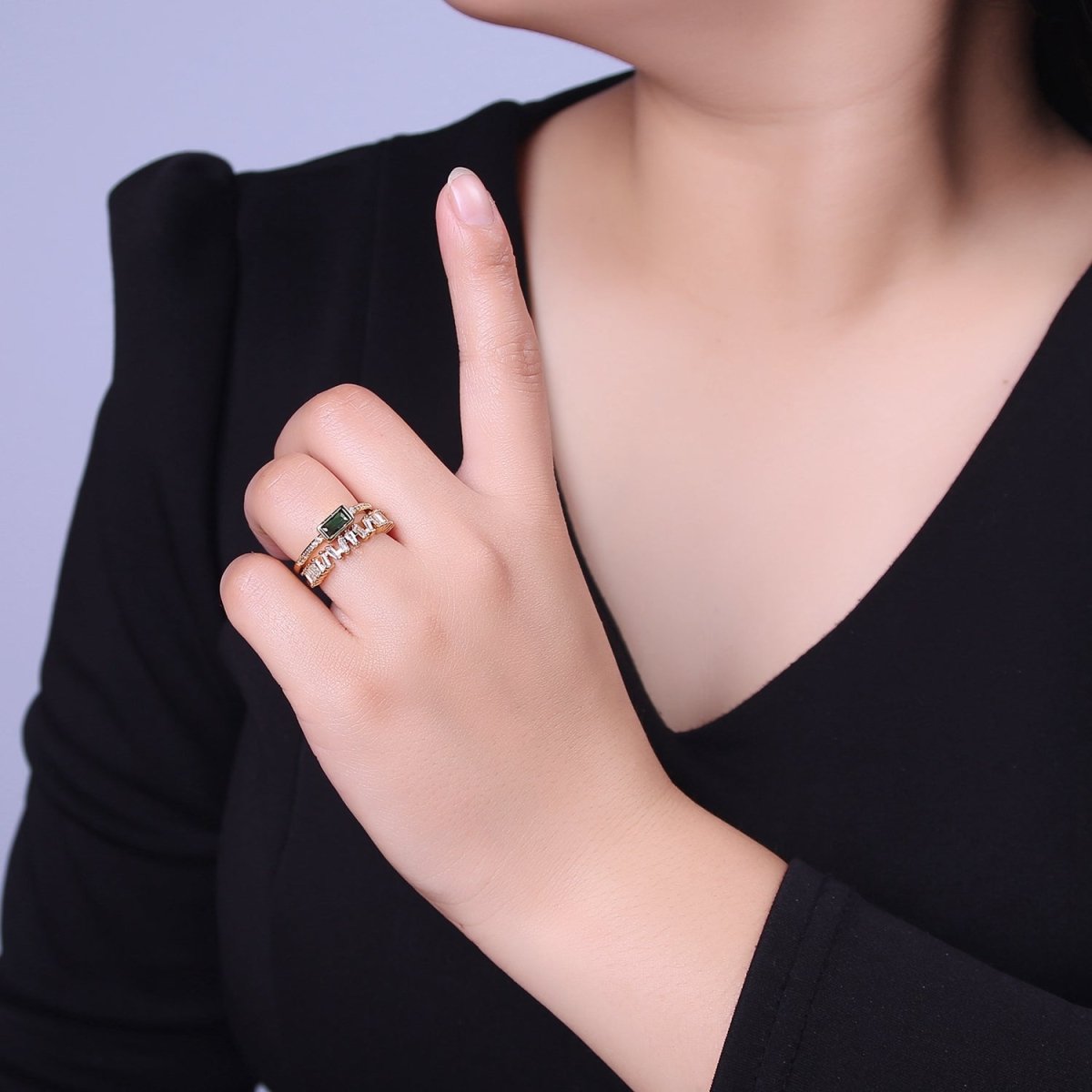 Double Band Ring Clear Baguette Cz Stone with Green CZ For Stackable Ring O-2037 - DLUXCA