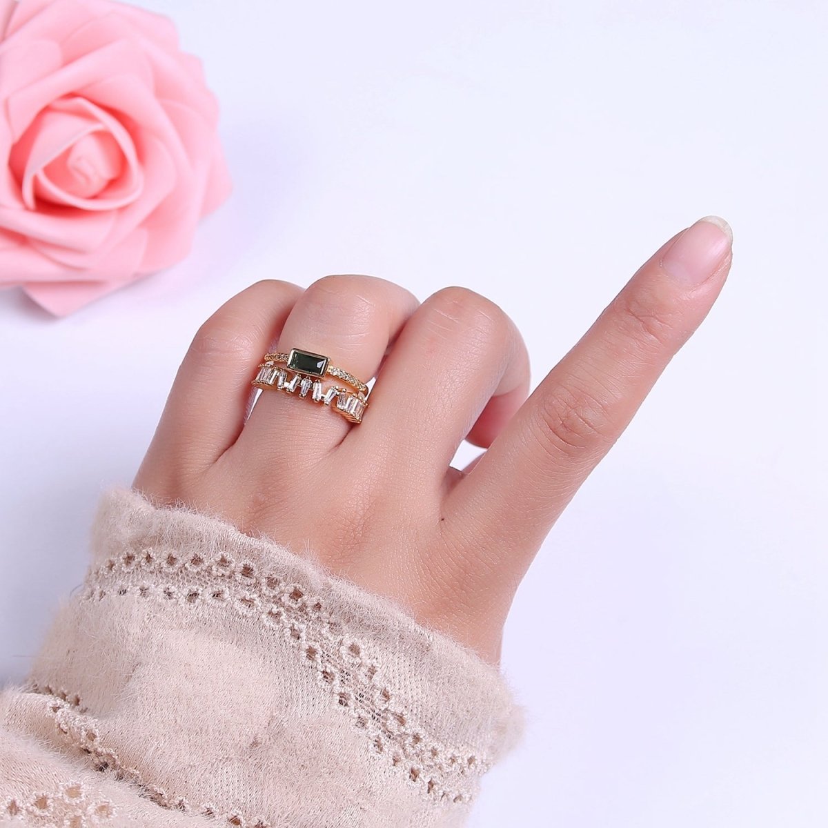 Double Band Ring Clear Baguette Cz Stone with Green CZ For Stackable Ring O-2037 - DLUXCA