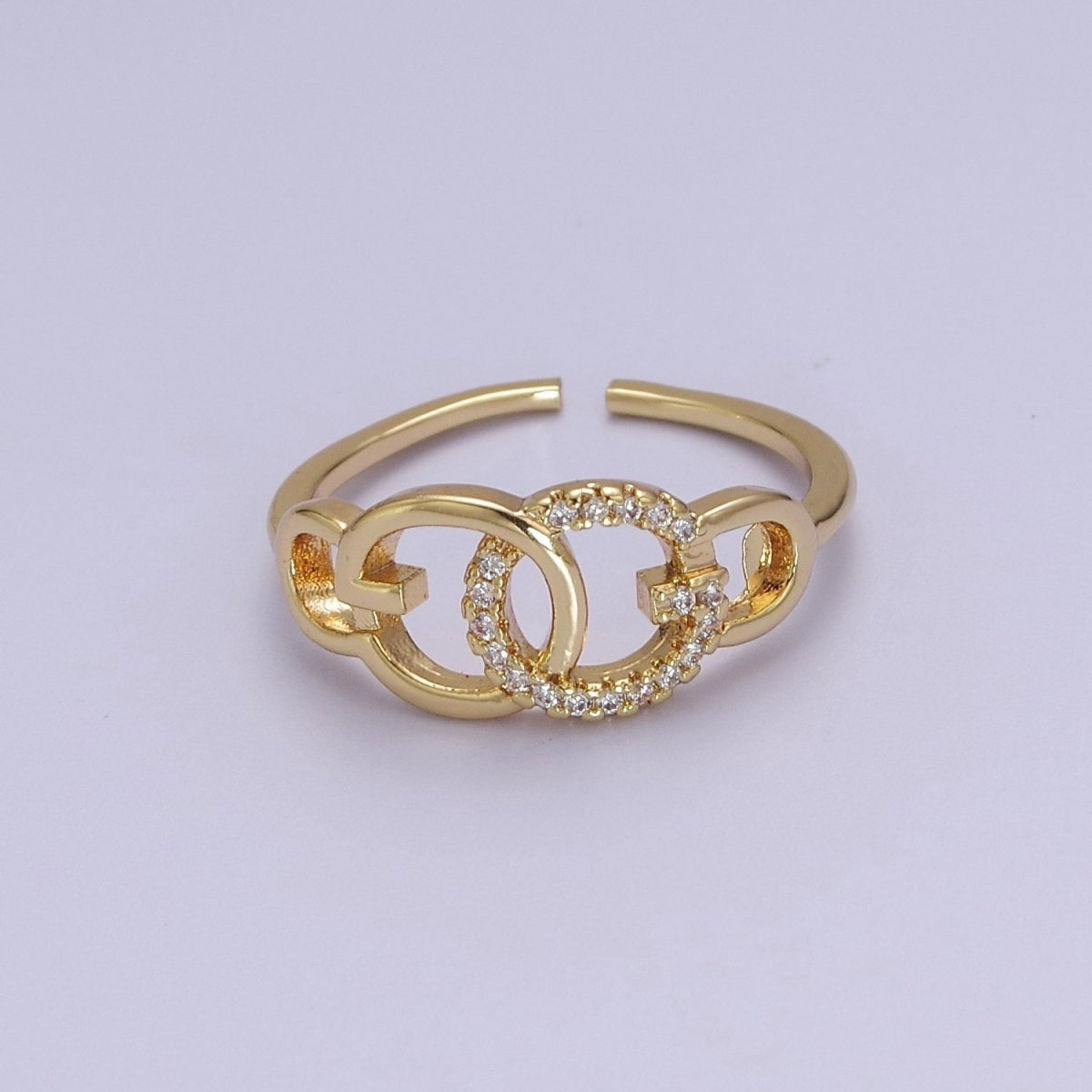 Double Circle Ring Cz Round Link Chain Dainty Open Adjustable Ring S-507 - DLUXCA