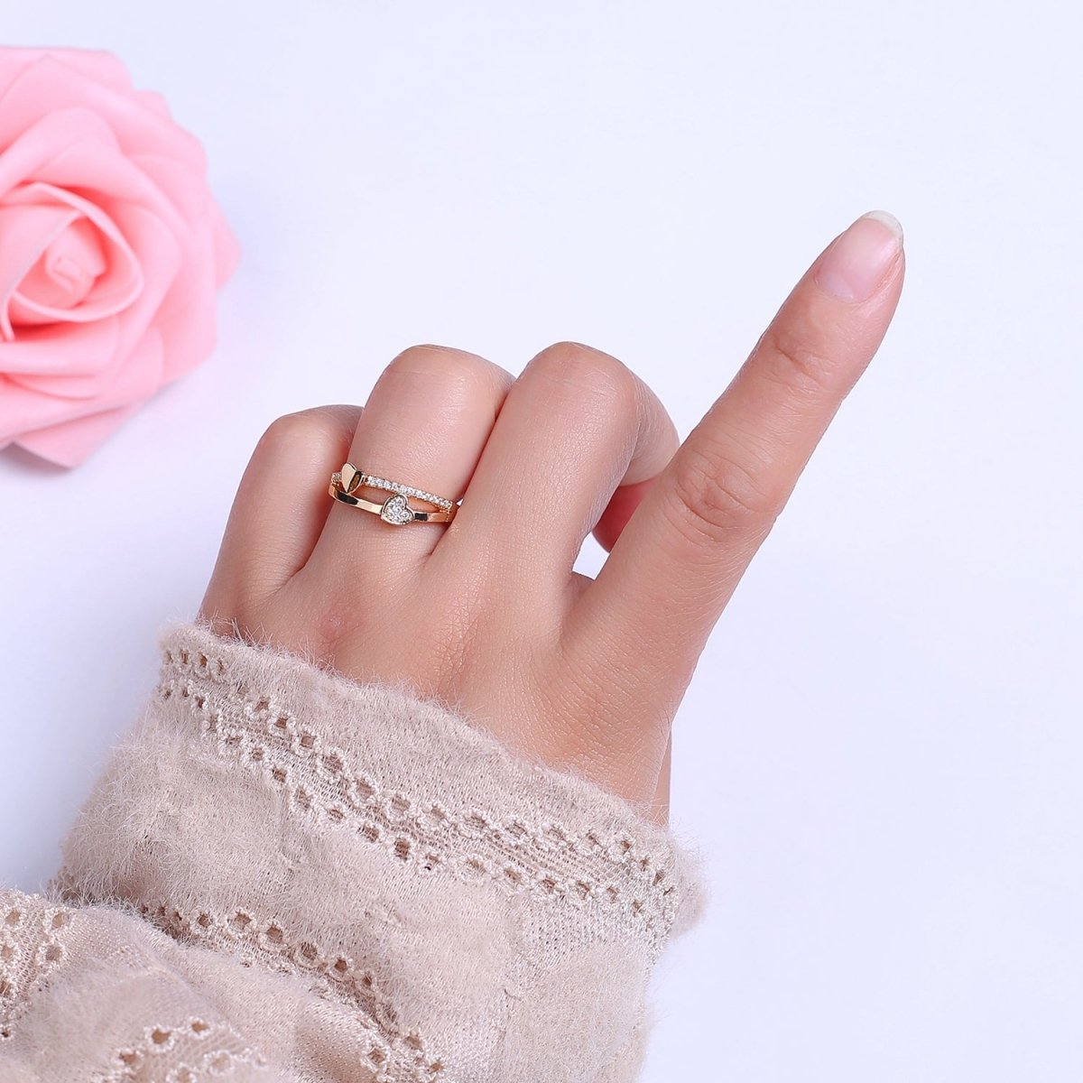 Double Heart Ring Gold Filled Dainty CZ Love Jewelry S-508 - DLUXCA