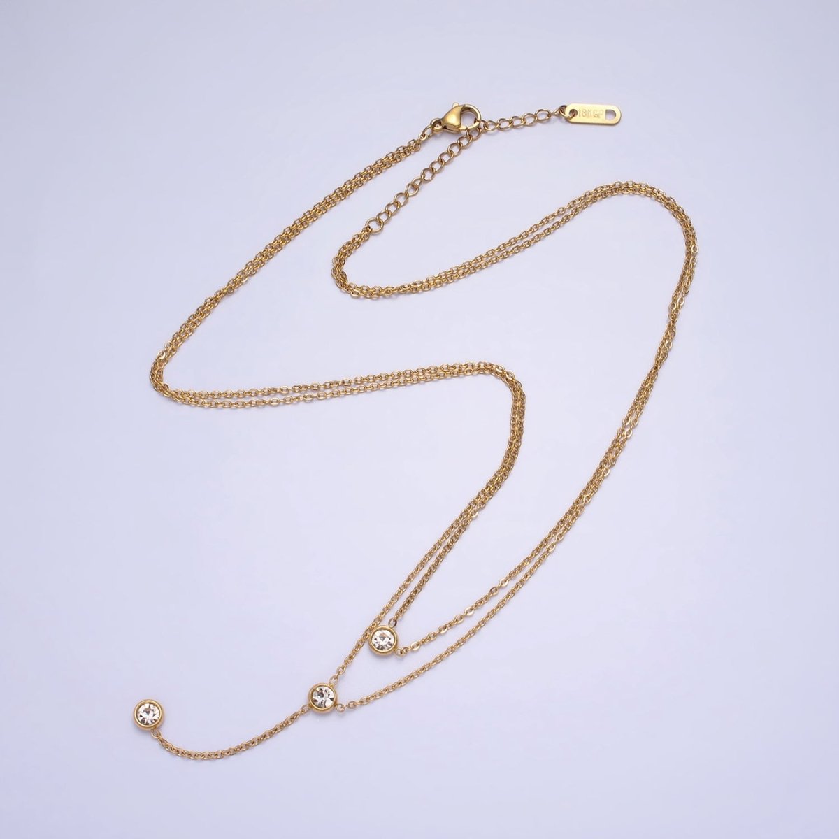Double Layer Lariat Chain Necklace In Stainless Steel 24K Gold with CZ Stone |  WA-1716 Clearance Pricing