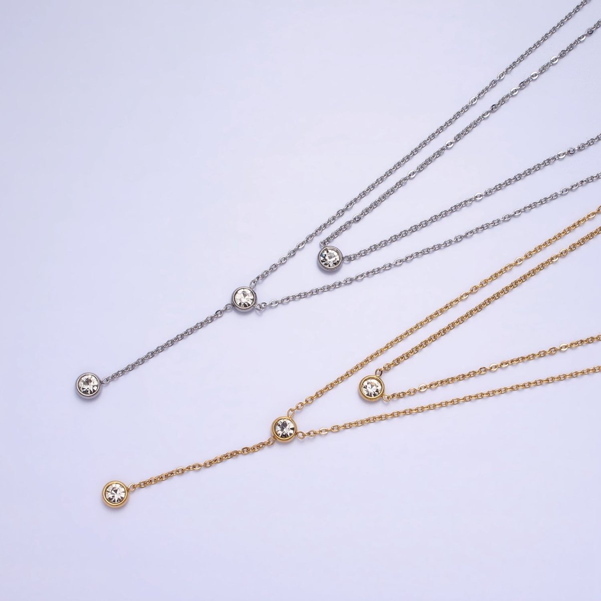 Double Layer Lariat Chain Necklace In Stainless Steel 24K Gold with CZ Stone |  WA-1716 Clearance Pricing