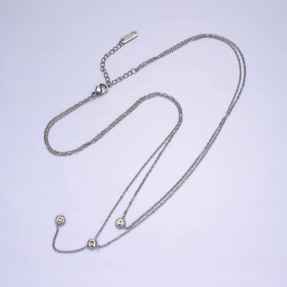 Double Layer Lariat Chain Necklace In Stainless Steel 24K Gold with CZ Stone |  WA-1716 Clearance Pricing