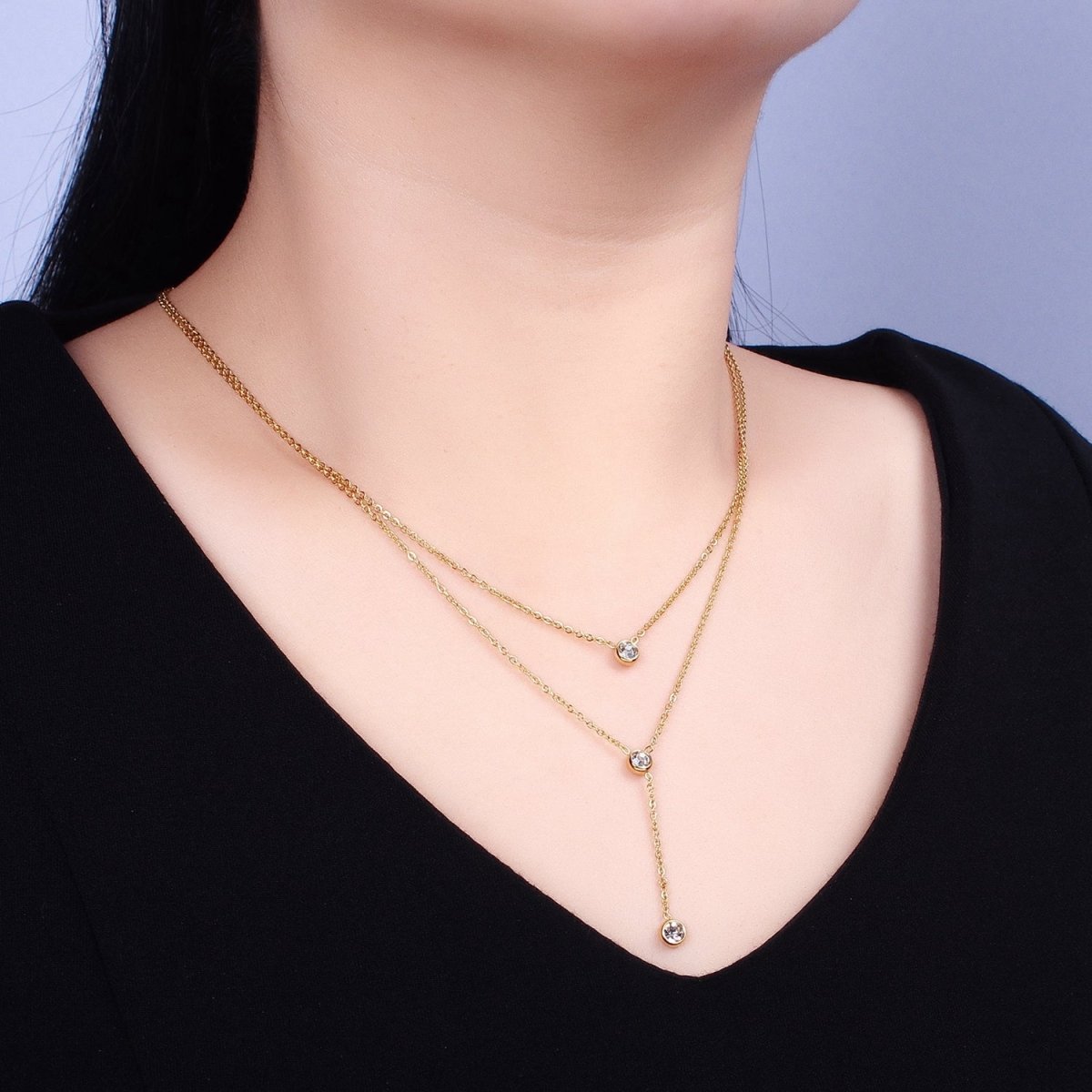 Double Layer Lariat Chain Necklace In Stainless Steel 24K Gold with CZ Stone |  WA-1716 Clearance Pricing