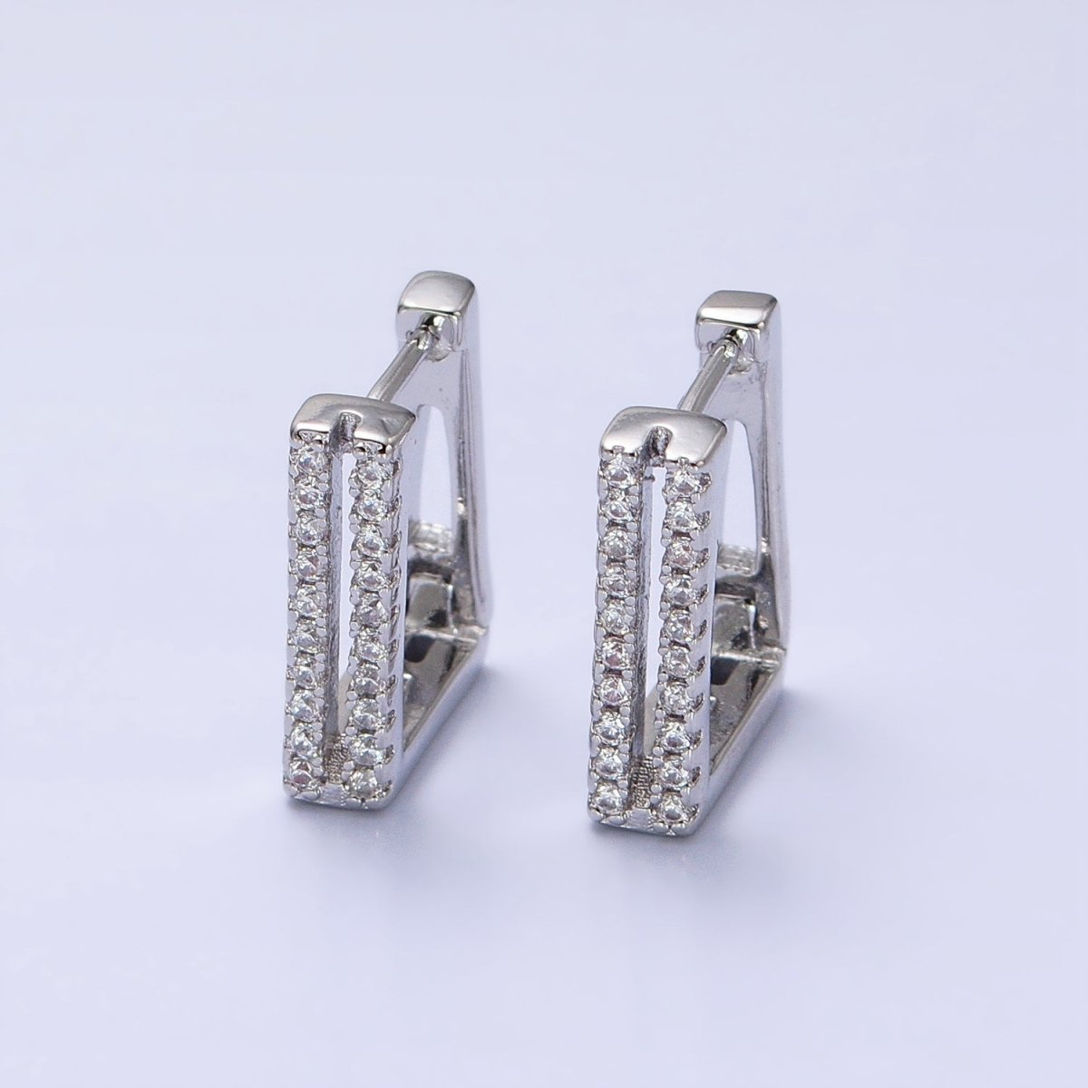 Double Micro Paved CZ Lined Rectangular Square Hoop Earrings in Gold & Silver | AB476 AB486