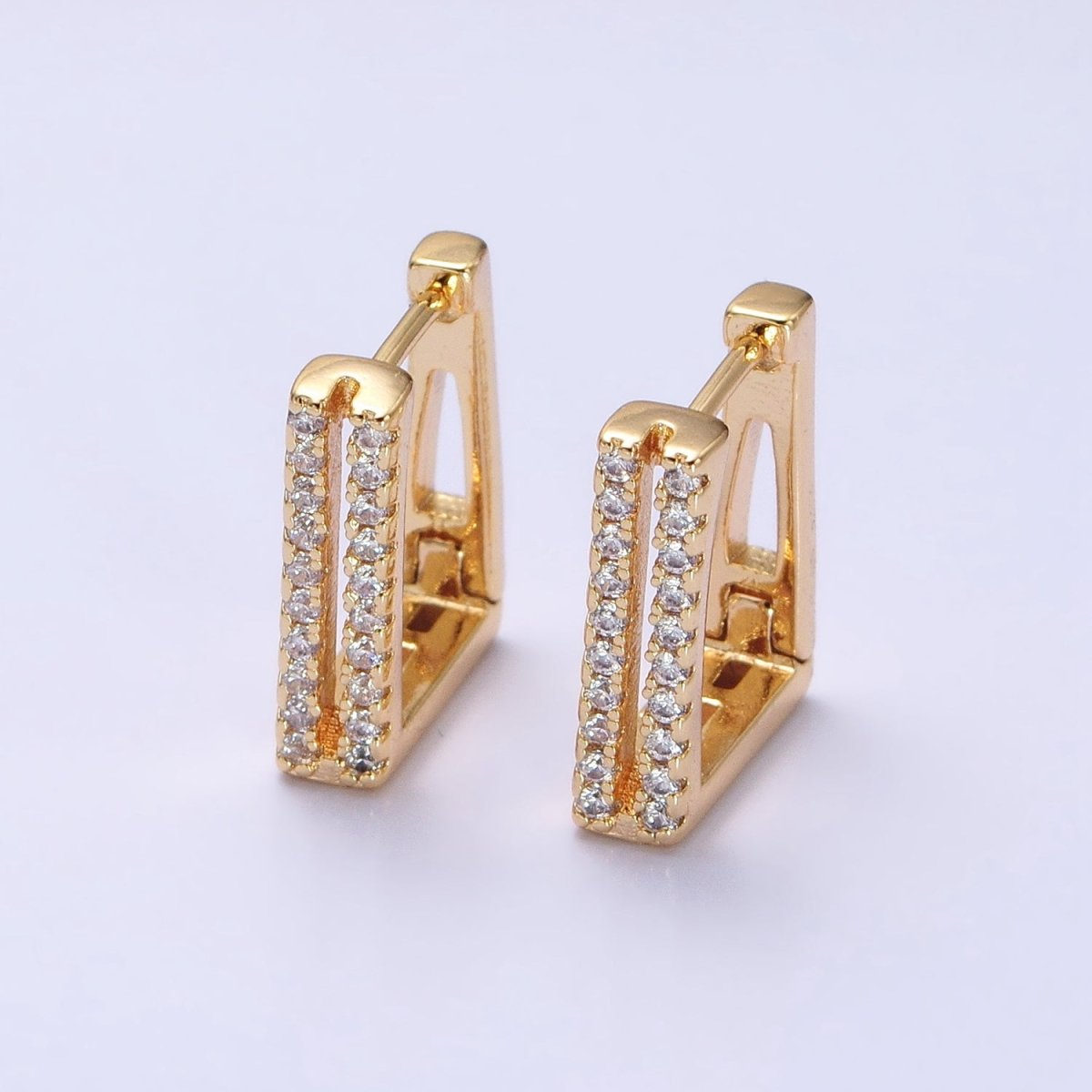 Double Micro Paved CZ Lined Rectangular Square Hoop Earrings in Gold & Silver | AB476 AB486
