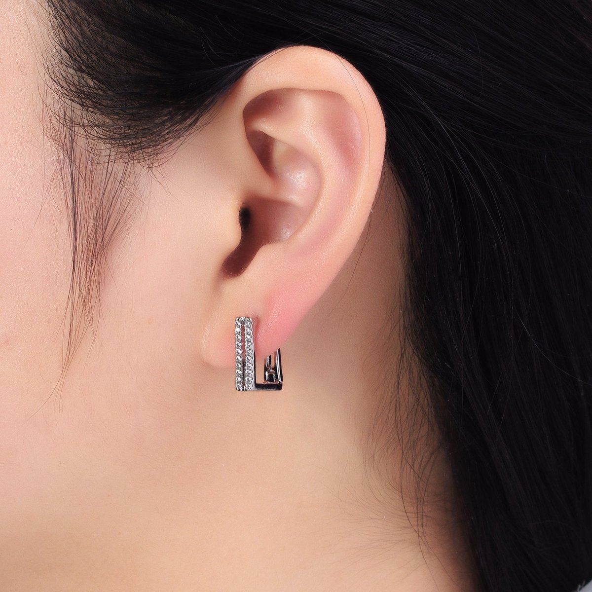 Double Micro Paved CZ Lined Rectangular Square Hoop Earrings in Gold & Silver | AB476 AB486