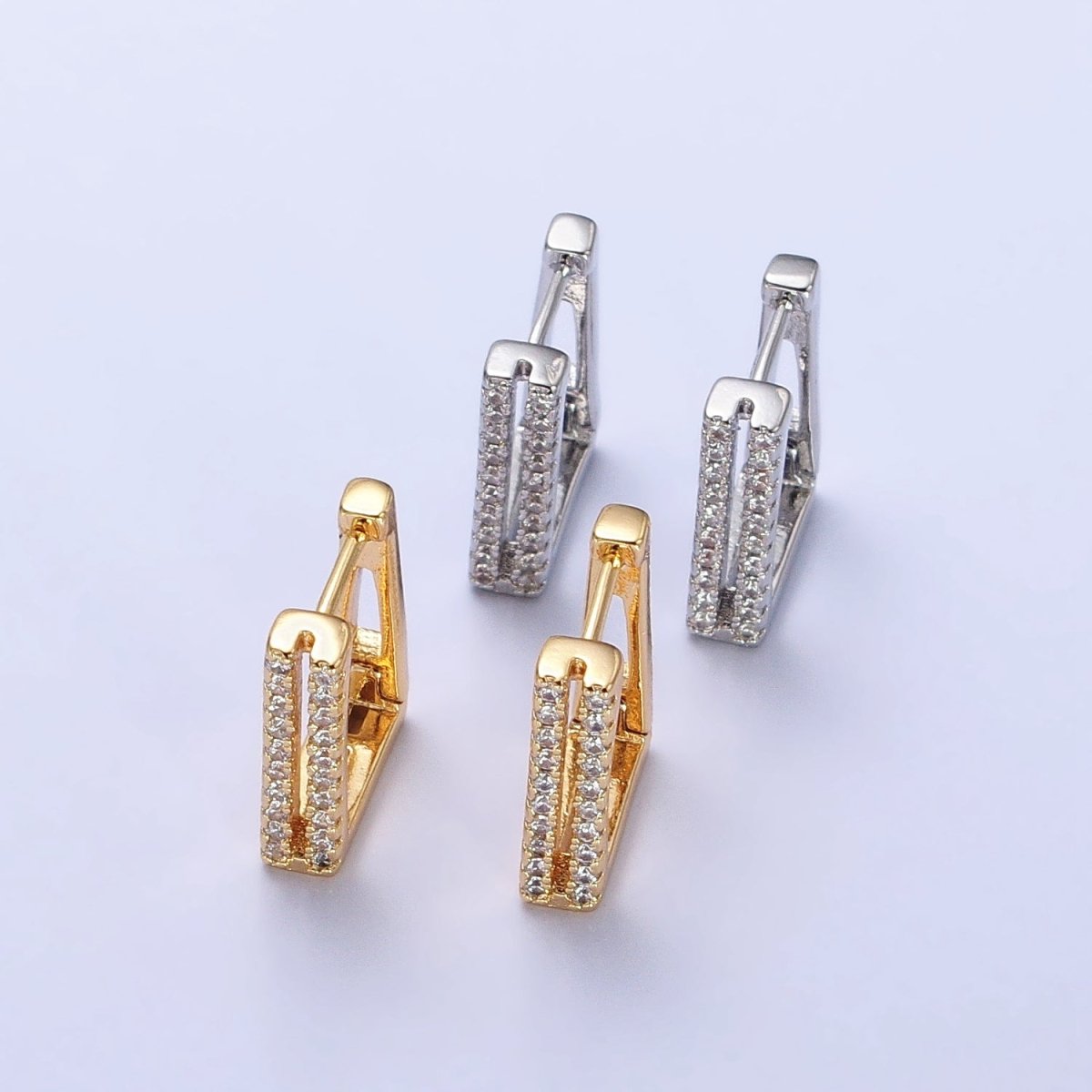 Double Micro Paved CZ Lined Rectangular Square Hoop Earrings in Gold & Silver | AB476 AB486
