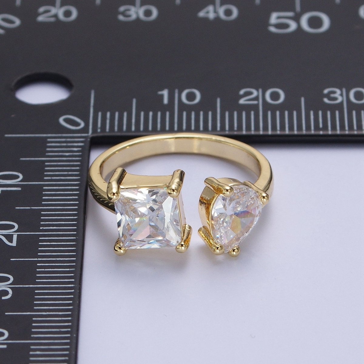 Double Pink/Clear Cubic Zirconia Baguette Square & Teardrop Gold Open Ring | R-042 R-098
