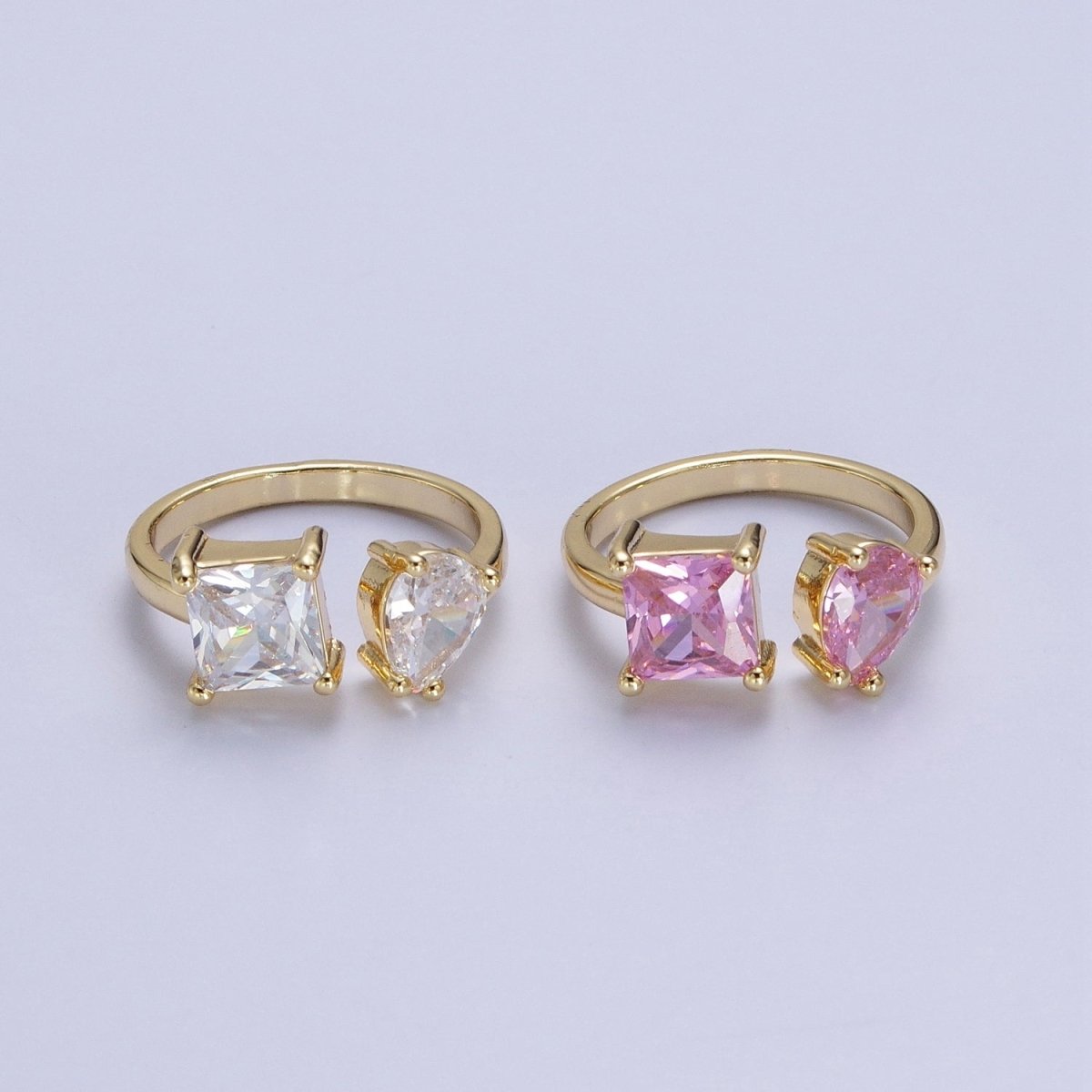 Double Pink/Clear Cubic Zirconia Baguette Square & Teardrop Gold Open Ring | R-042 R-098