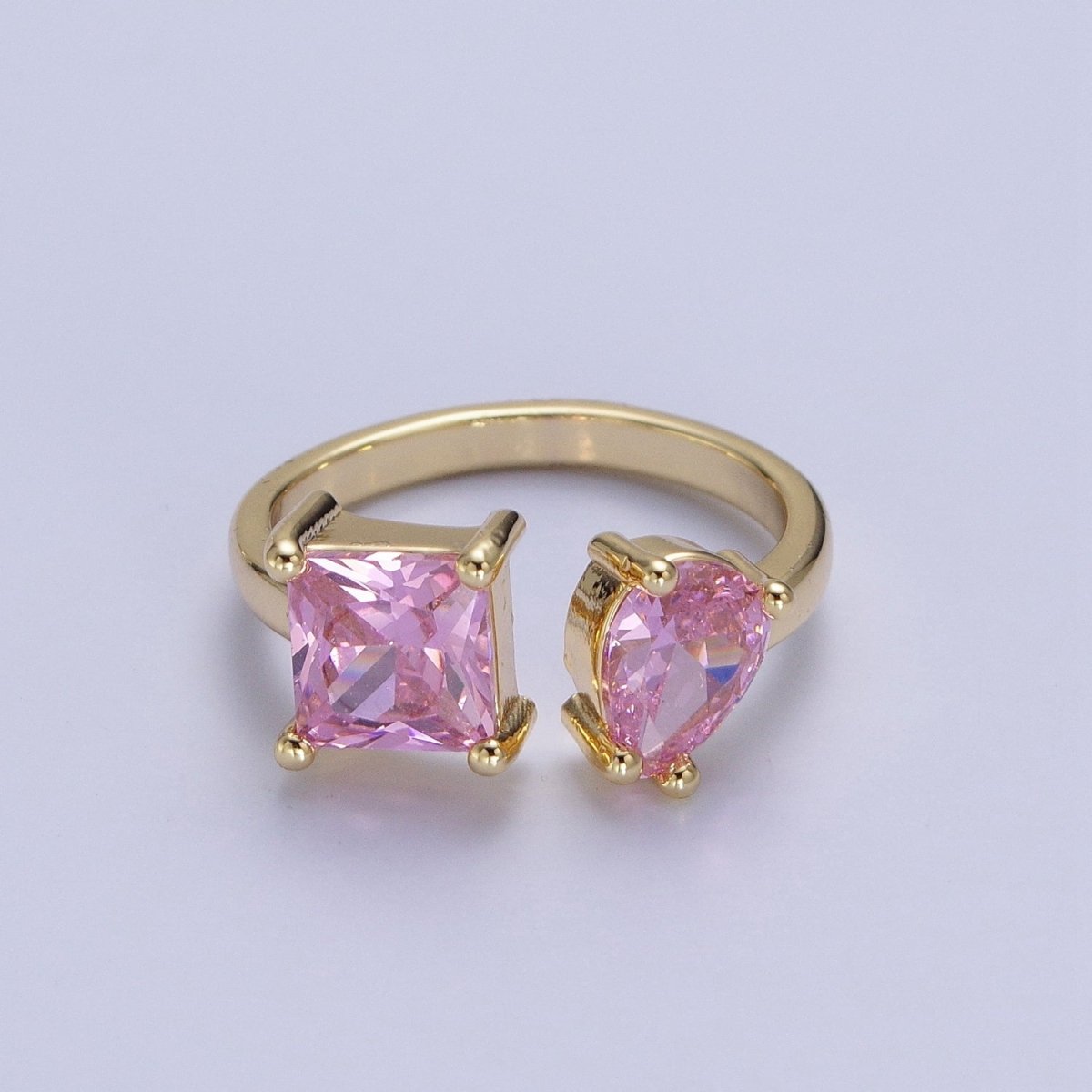 Double Pink/Clear Cubic Zirconia Baguette Square & Teardrop Gold Open Ring | R-042 R-098
