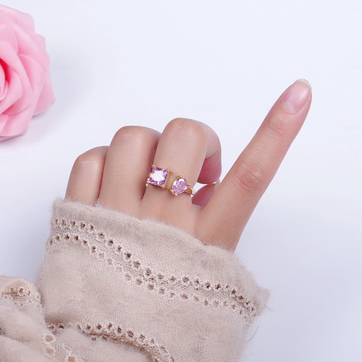 Double Pink/Clear Cubic Zirconia Baguette Square & Teardrop Gold Open Ring | R-042 R-098