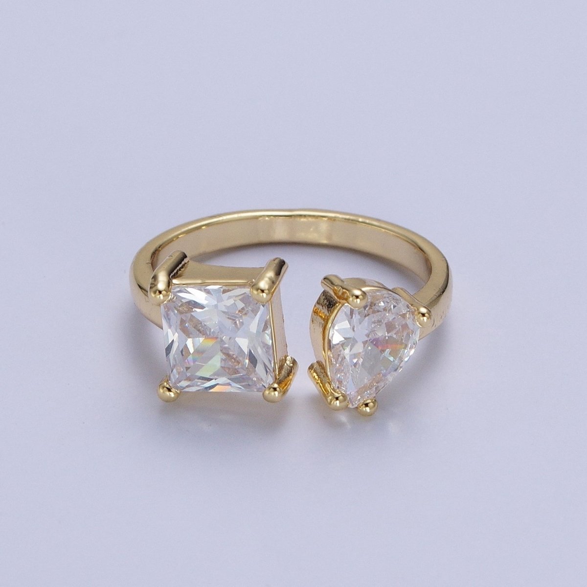 Double Pink/Clear Cubic Zirconia Baguette Square & Teardrop Gold Open Ring | R-042 R-098