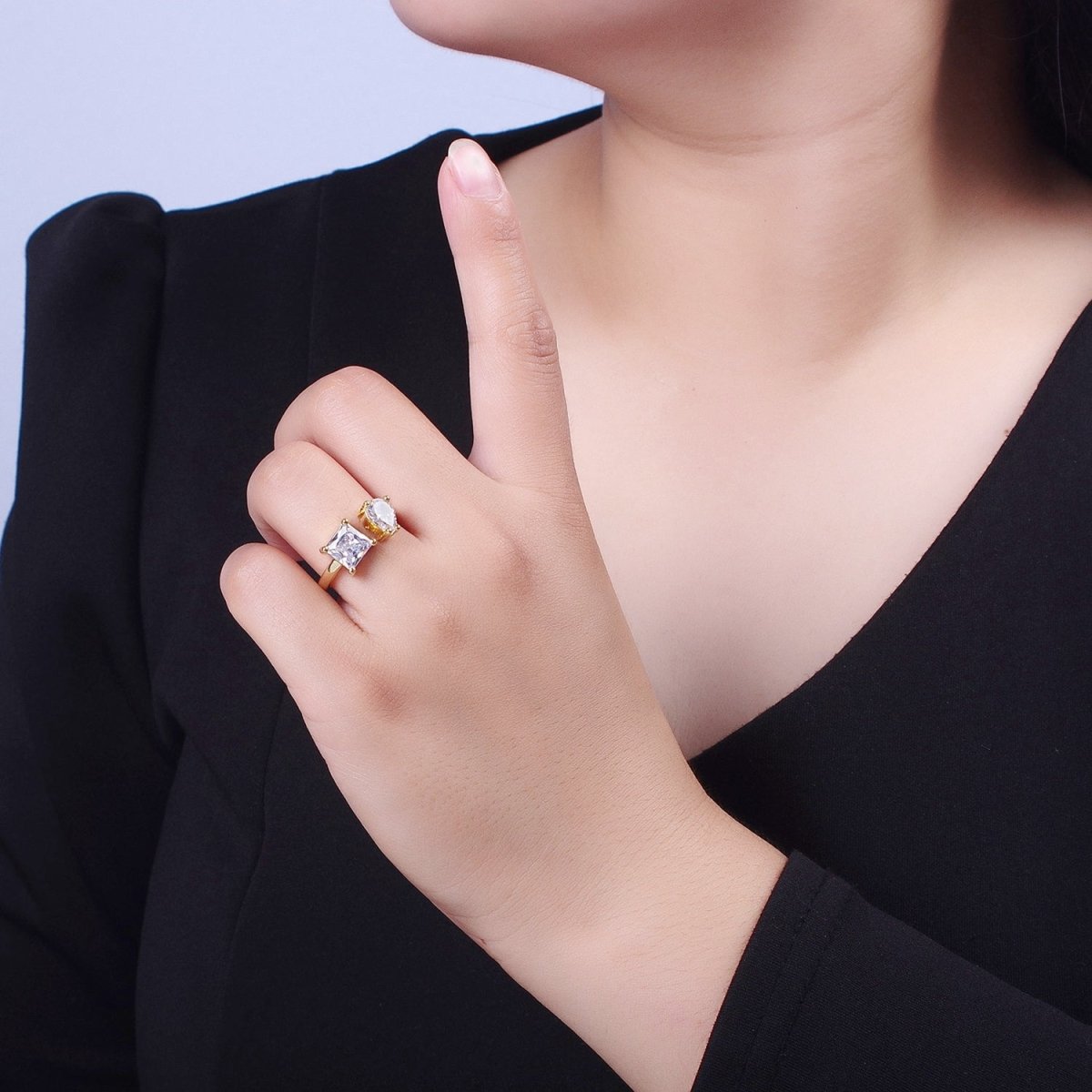 Double Pink/Clear Cubic Zirconia Baguette Square & Teardrop Gold Open Ring | R-042 R-098