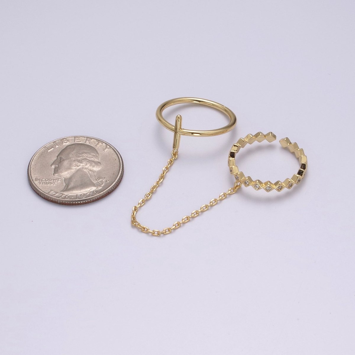 Double ring with chain, Adjustable ring, Stacking ring, Gold chain ring, Fashion ring, Minimalist Jewelry U-191 - DLUXCA