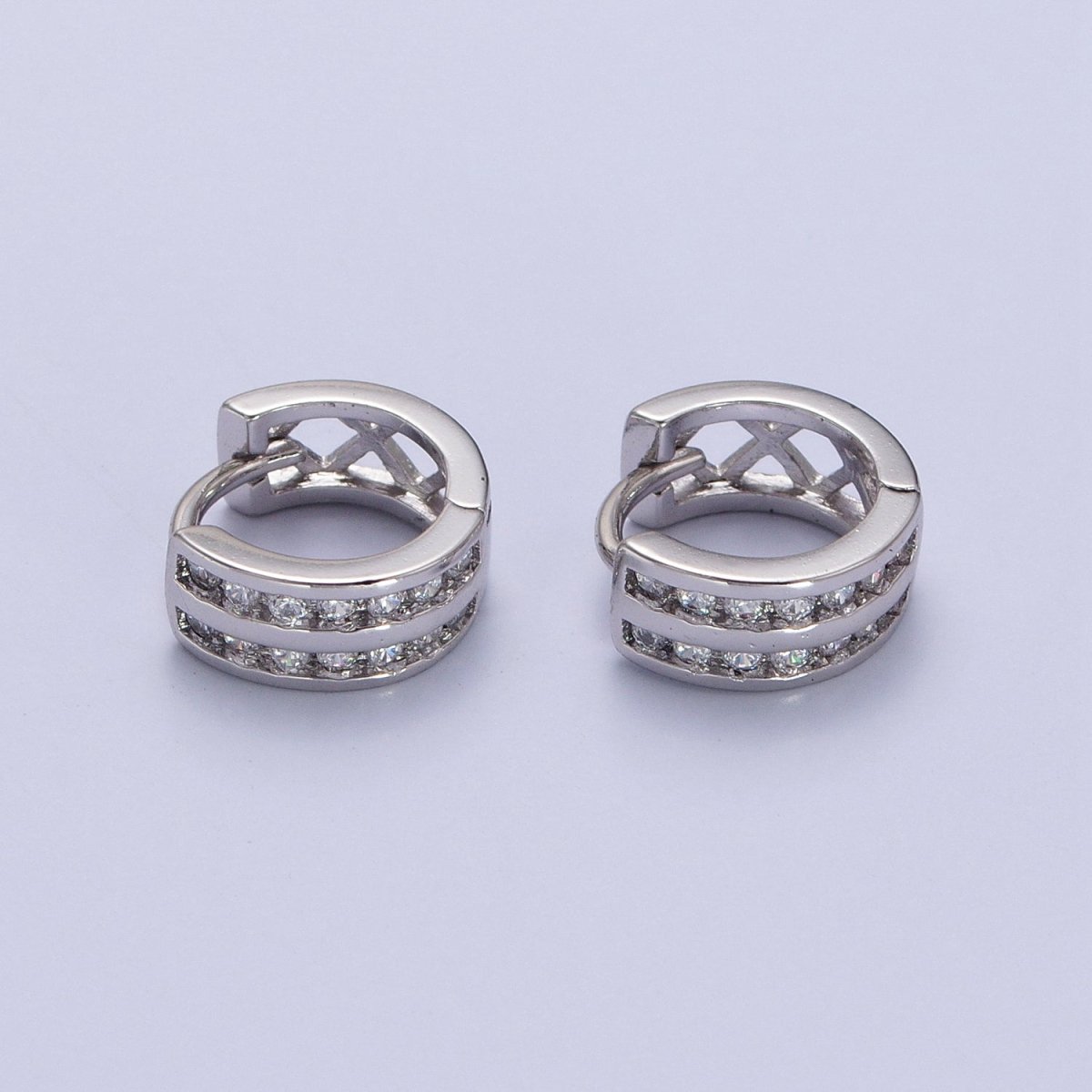 Double Round Clear CZ Bar 10mm Silver Huggie Earrings | AB130 - DLUXCA
