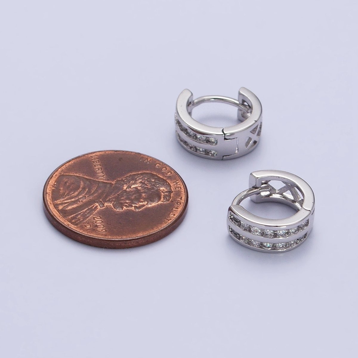 Double Round Clear CZ Bar 10mm Silver Huggie Earrings | AB130 - DLUXCA