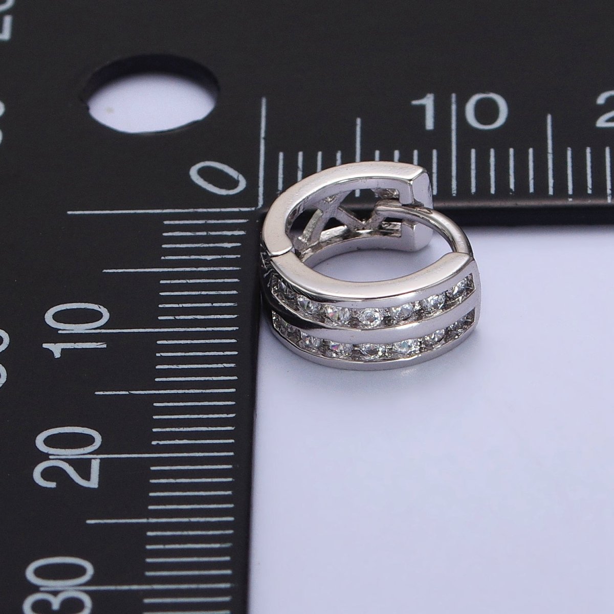 Double Round Clear CZ Bar 10mm Silver Huggie Earrings | AB130 - DLUXCA