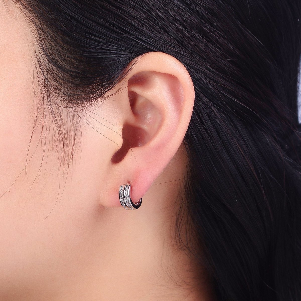 Double Round Clear CZ Bar 10mm Silver Huggie Earrings | AB130 - DLUXCA