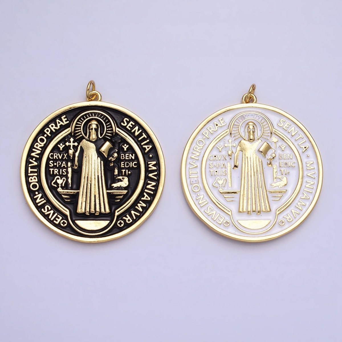 Double Sided 24K Gold Filled Saint Benedict Charm Enamel Black White Religious Pendant | AC464 AC465