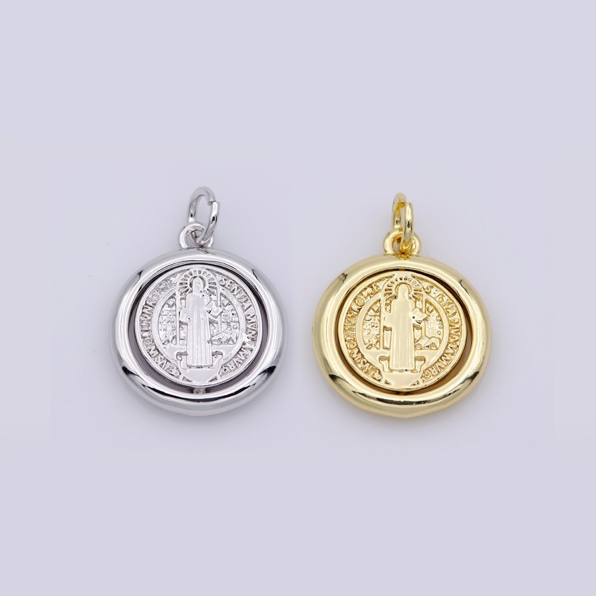 Double Sided Dainty Gold Filled Saint Benedict Charm Pray for You Spinner Pendant for Religious Jewelry Making Inspired M487