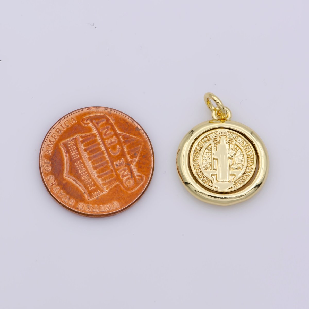 Double Sided Dainty Gold Filled Saint Benedict Charm Pray for You Spinner Pendant for Religious Jewelry Making Inspired M487