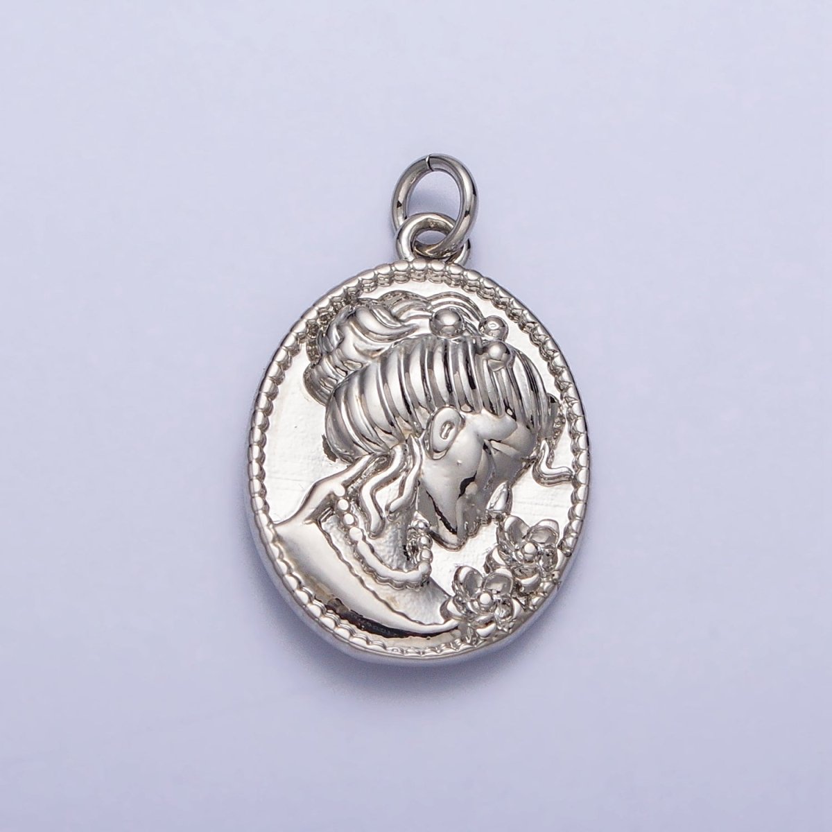 Double Sided Portrait of Victorian Lady Flower Pearl Cameo Oval Charm in Gold & Silver | AC299 AC300