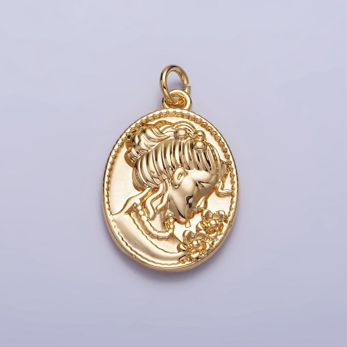 Double Sided Portrait of Victorian Lady Flower Pearl Cameo Oval Charm in Gold & Silver | AC299 AC300