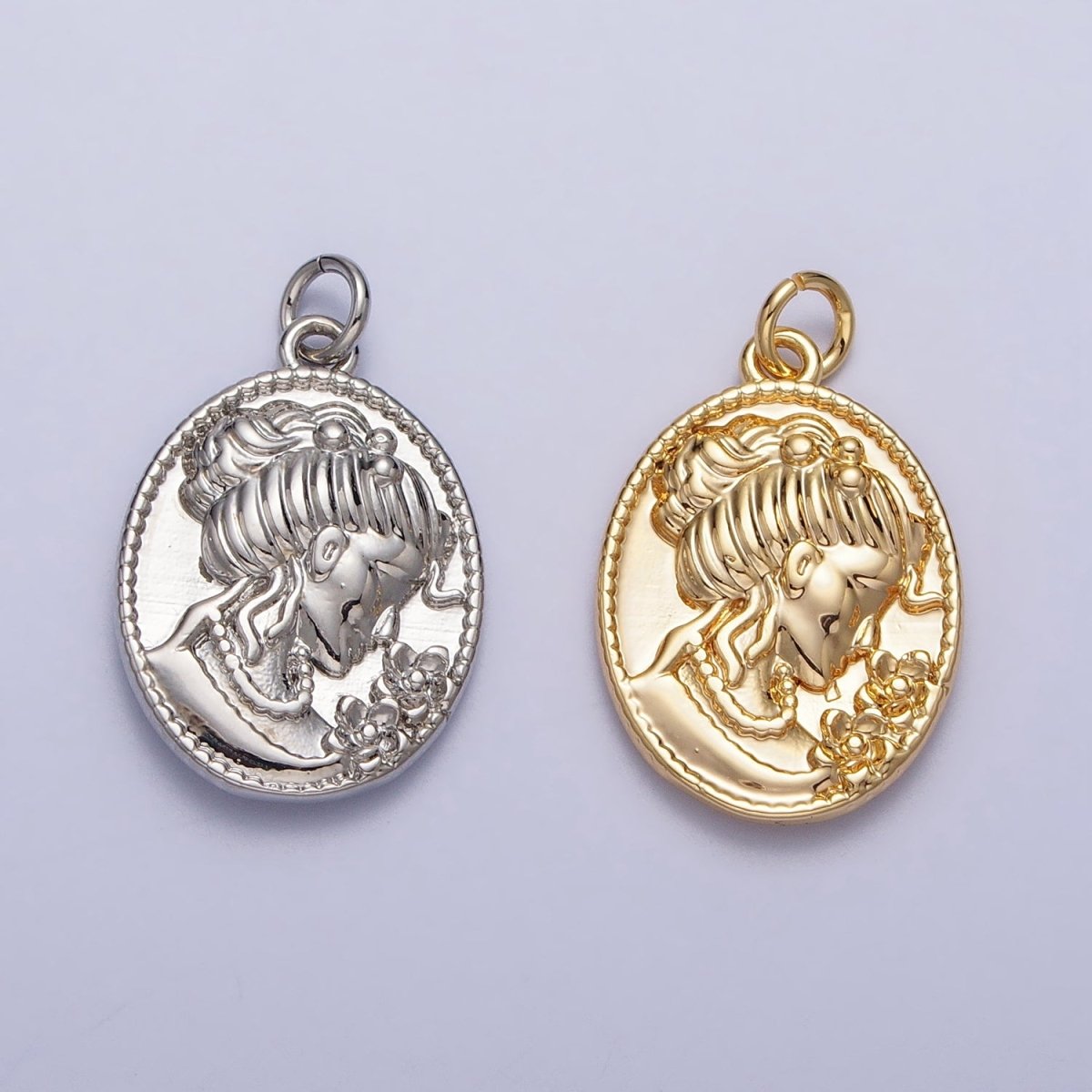 Double Sided Portrait of Victorian Lady Flower Pearl Cameo Oval Charm in Gold & Silver | AC299 AC300